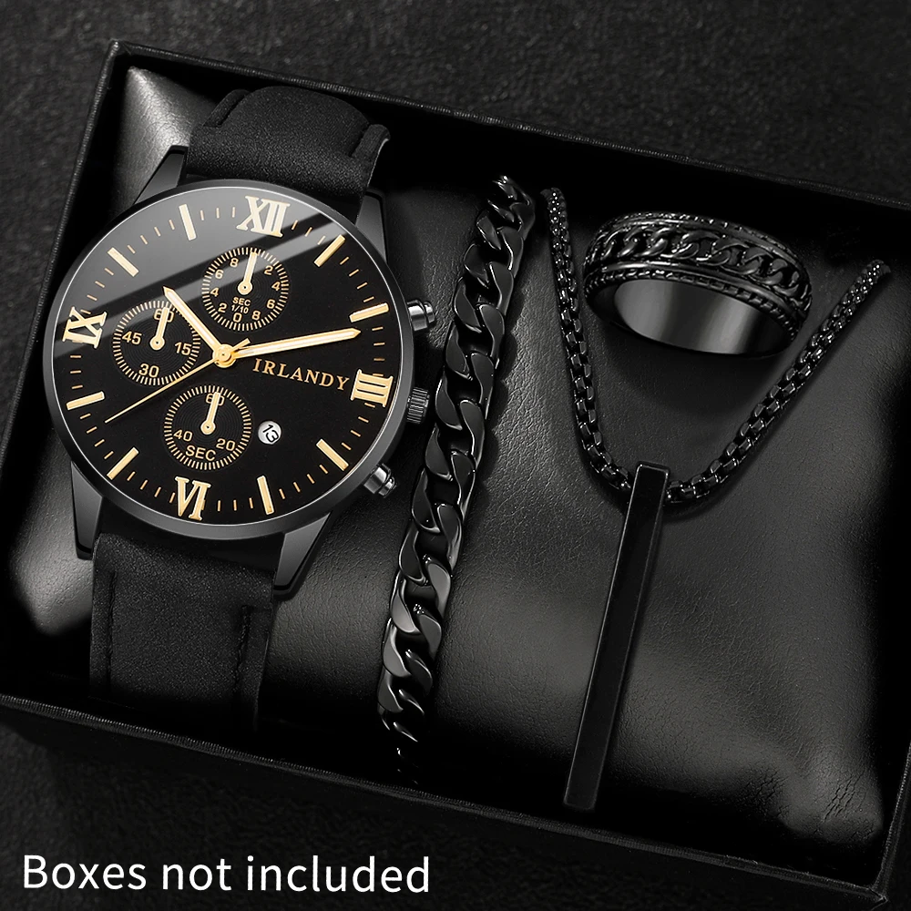 4pcs men's college minimalist quartz watch with necklace accessories set, suitable for daily wear and holiday gifts