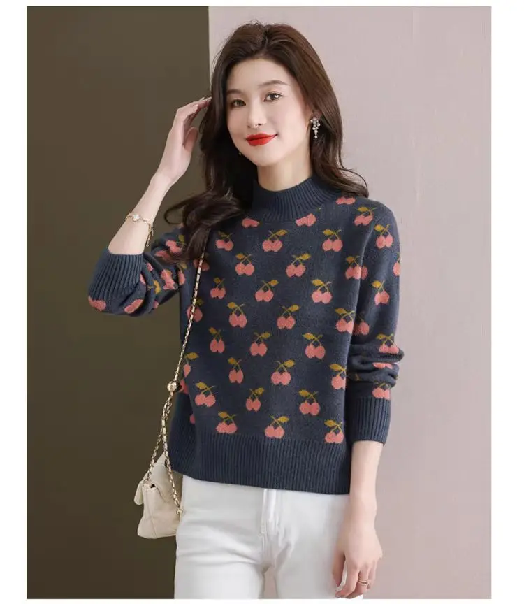 Dessin animé doux à manches longues femme vêtements nouveau pull chemise demi col roulé chaud femmes pull mince dames haut en tricot