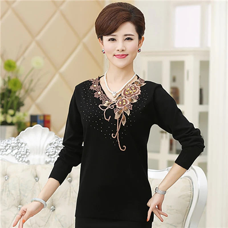 Elegant V-Neck Knitted Embroidery Beading Sweaters Women's Clothing 2023 Autumn Winter Loose Korean Pullovers Office Lady Tops