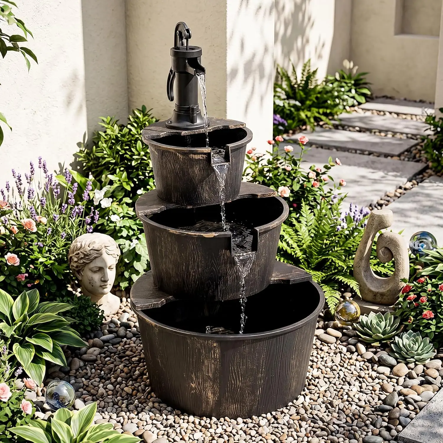 ^3-Tier Barrel Waterfall Fountain with Electric Pump, 37'' | Outdoor Rustic Water Fountain, Vintage Bronze Finish, Decorative