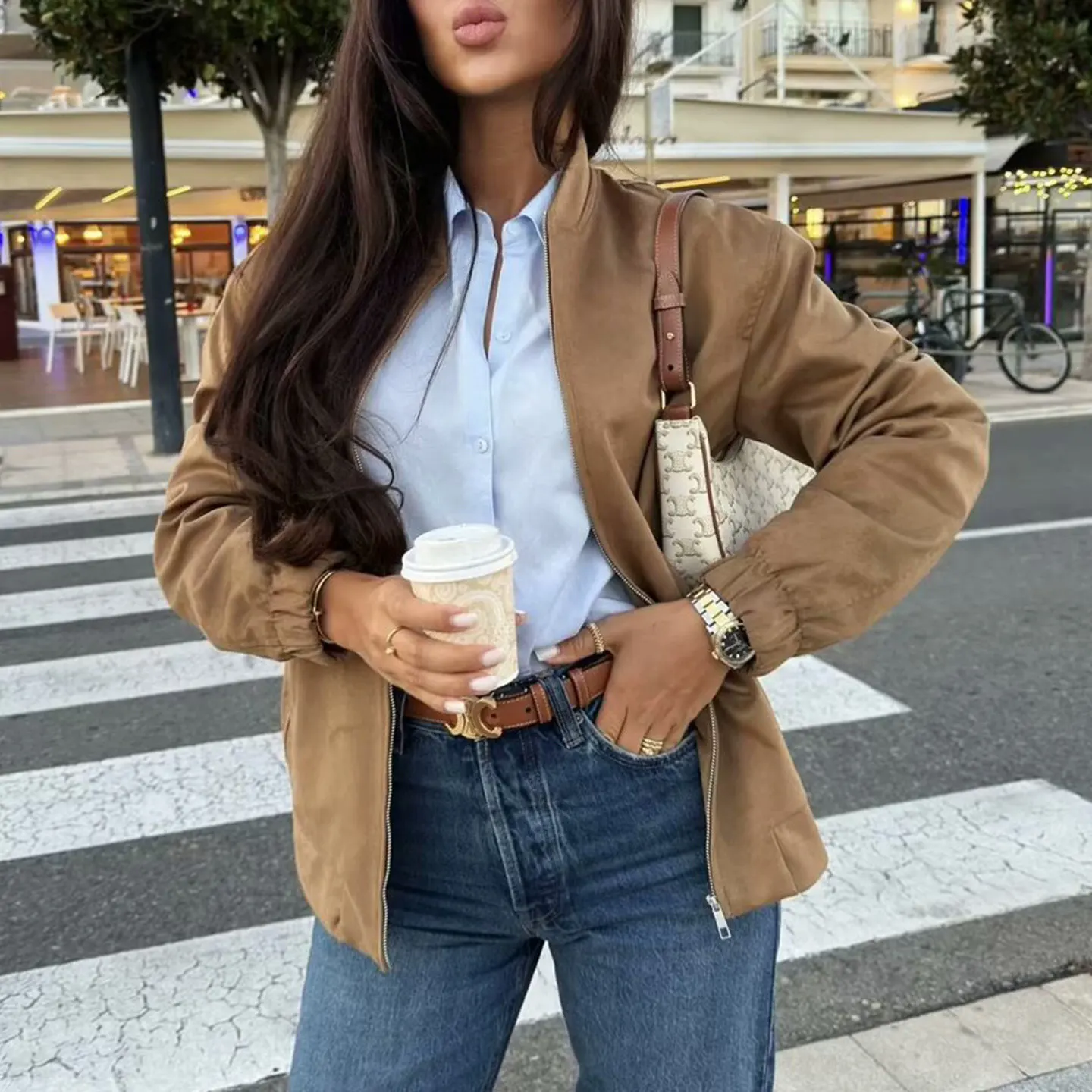 Fashionable Pilot Jacket Outerwear Women's Summer 2026 Versatile Quality Zipper Closure Long Sleeve Standard Fit European Style