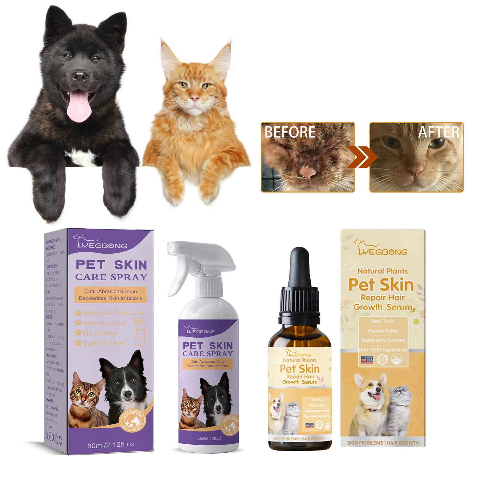 Cat Skin Care Spray Pet Flea Mite Eliminator Dog Itchy Skin Treatment Pet Wound Repair Cat Hair Regrowth Dog Hair Repair Serum