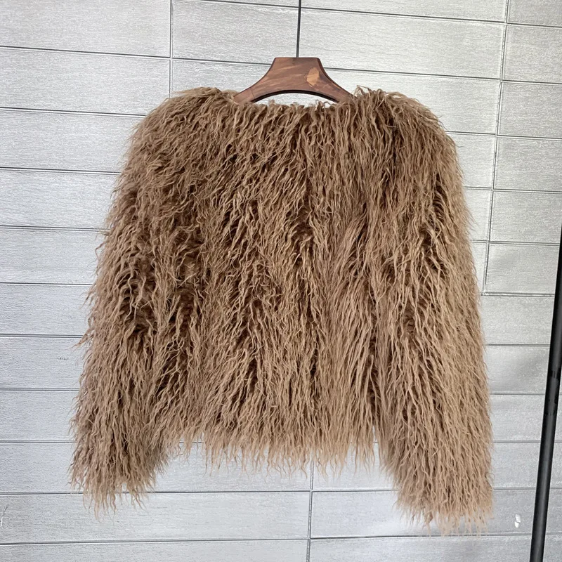 Faux Fur Coat Colorful Furry Pink Lamb Wool Faux Fur Coat Female Shaggy Sheepskin Coat Winter Artificial Mongolian Fur Jacket