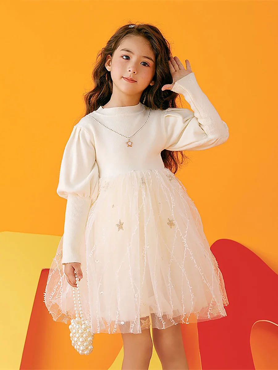 

Baby Girls Dresses Full Sleeve Gauze Princess Dress 2022 Autumn 100% Cotton Inner Material White Stars Embroidery Fashion Kids