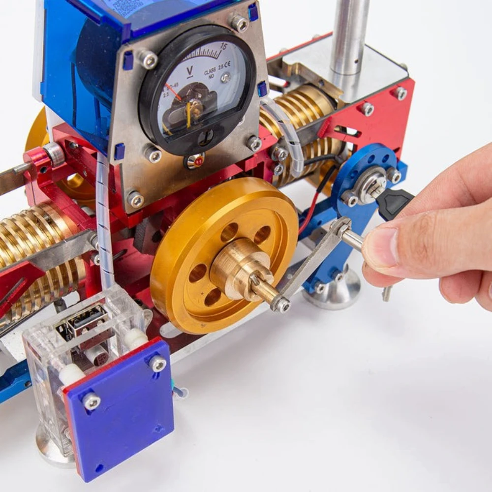 Air Breathing Vacuum Stirling Engine Model Horizontally Opposed Twin Cylinder Generator Model with Voltmeter Finished Product