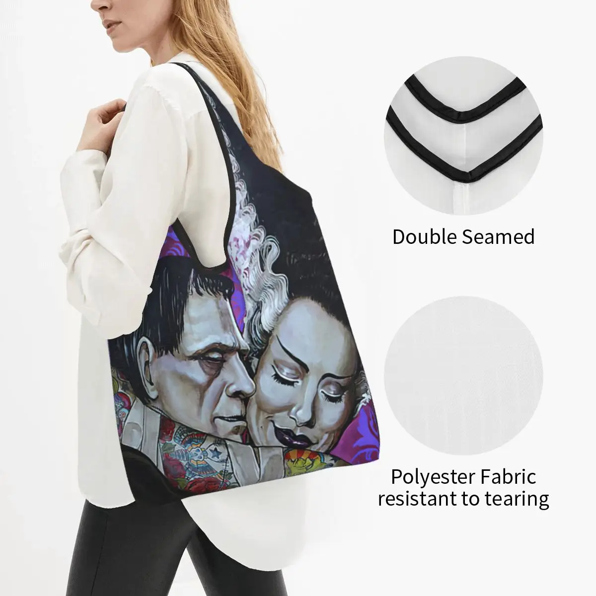 Custom Bride Of Frankenstein Grocery Tote Shopping Bags Science Fiction Horror Film Shoulder Shopper Bags Big Capacity Handbags