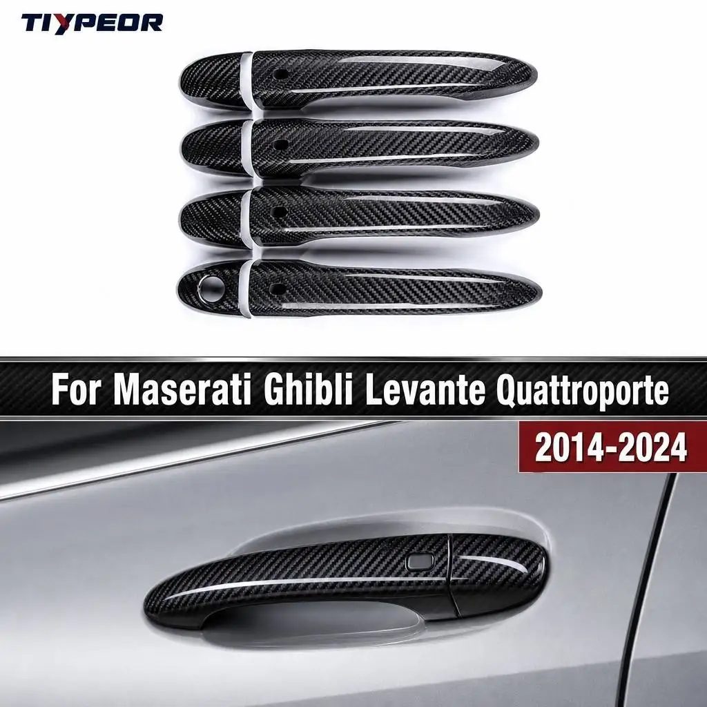 Tiypeor Dry Carbon Door Handle Cover For Maserati Ghibli Levante Quattroporte 2014‑2024 With Keyhole Gloss Black Overlay 4 pcs
