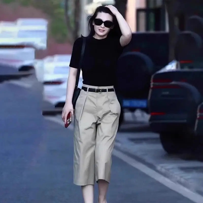 Fashionable and Casual Thin Cropped Pants High Waist Age-reducing Temperament Loose and Slim Versatile Straight Wide-leg Pants