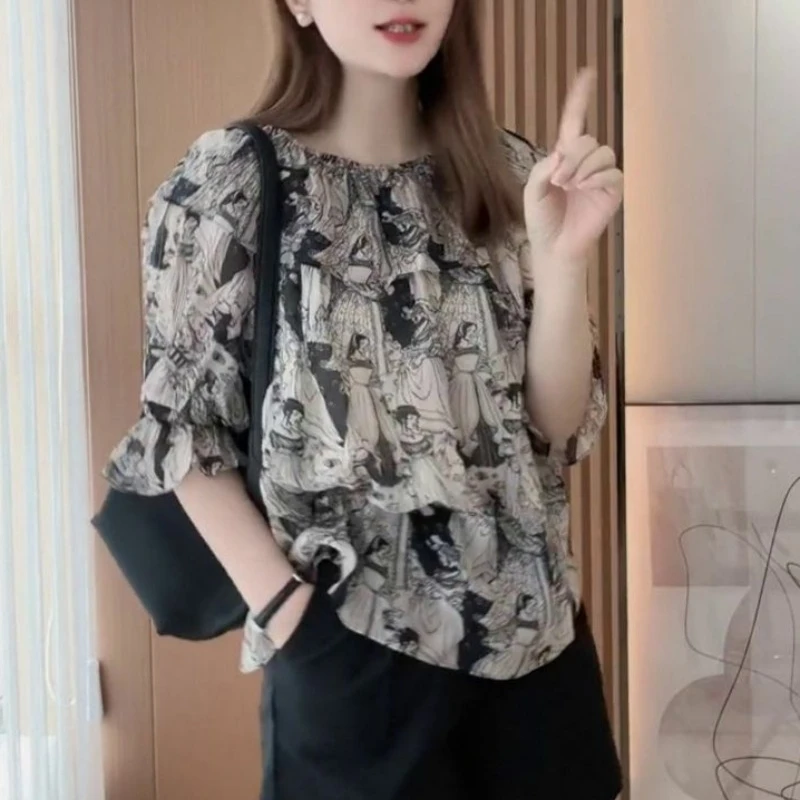 Women\'s Shirt and Blouse Loose with Print Chiffon Summer Female Tops Japanese Harajuku Fashion Elegant Social Korean Style Basic