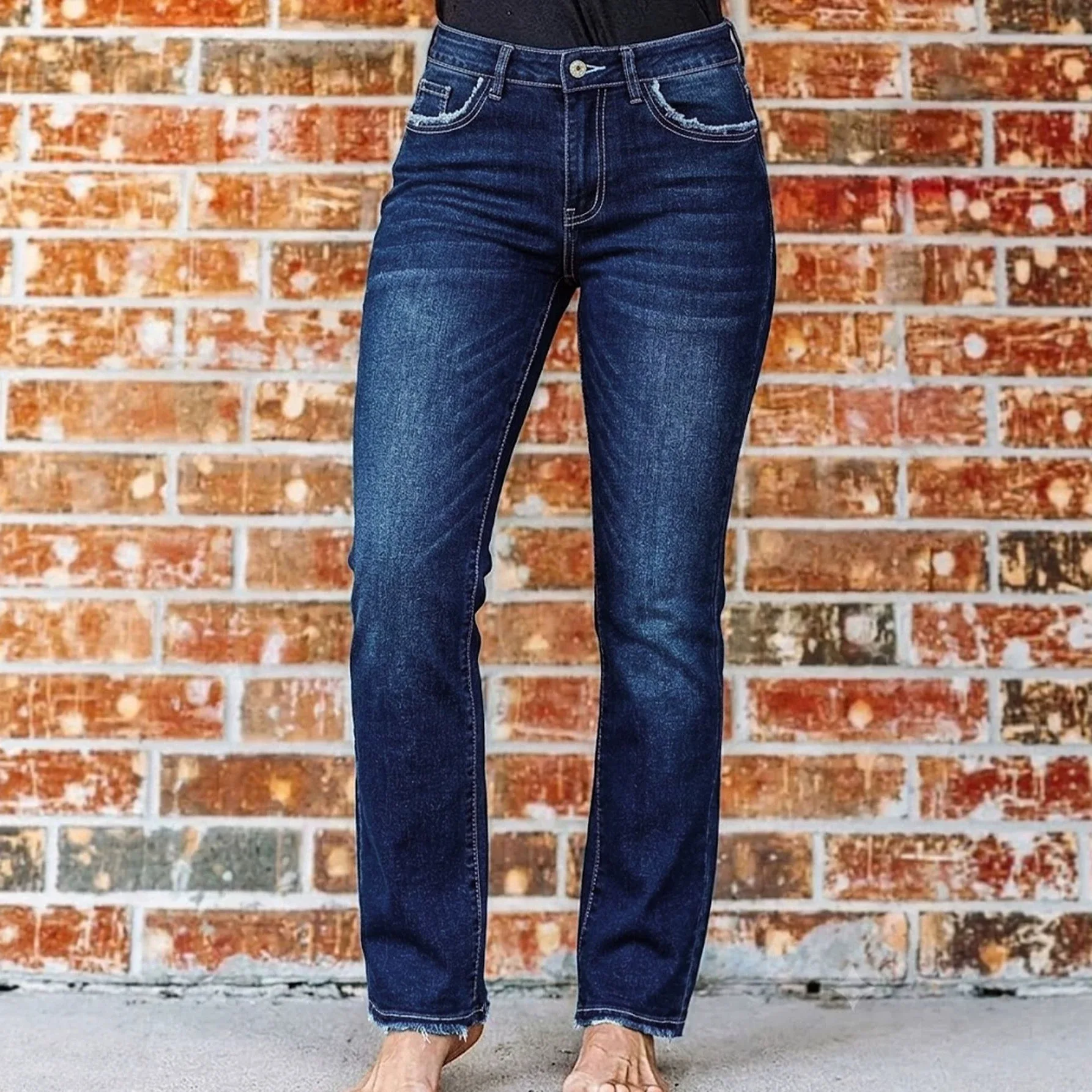 Jeand Women Mid Waist Straight Trousers Vintage Washed Frayed Pocket Raw Edge Distressed Ankle Length Denim Pants Work Casual