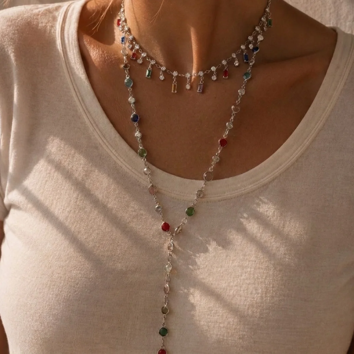 Double Layer Colorful Crystal Y-shaped Necklace For Women Sweet Dainty Rectangle Zircon Tassel Stackable Choker Party Jewelry