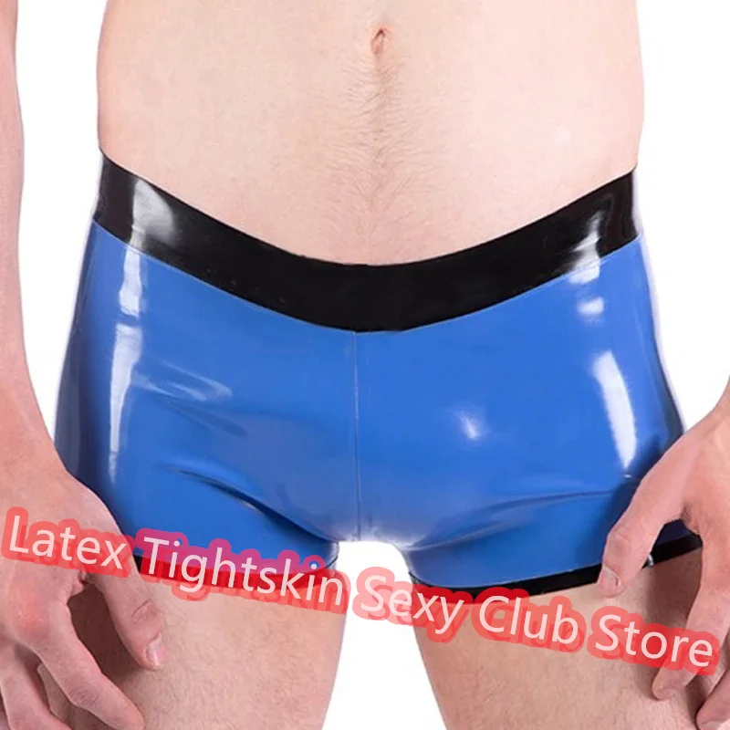

Men Latex Panties Boxer Blue with Black Sexy Fetish Shorts Handmade Underwear Club Wear for Men Cosplay Costumes