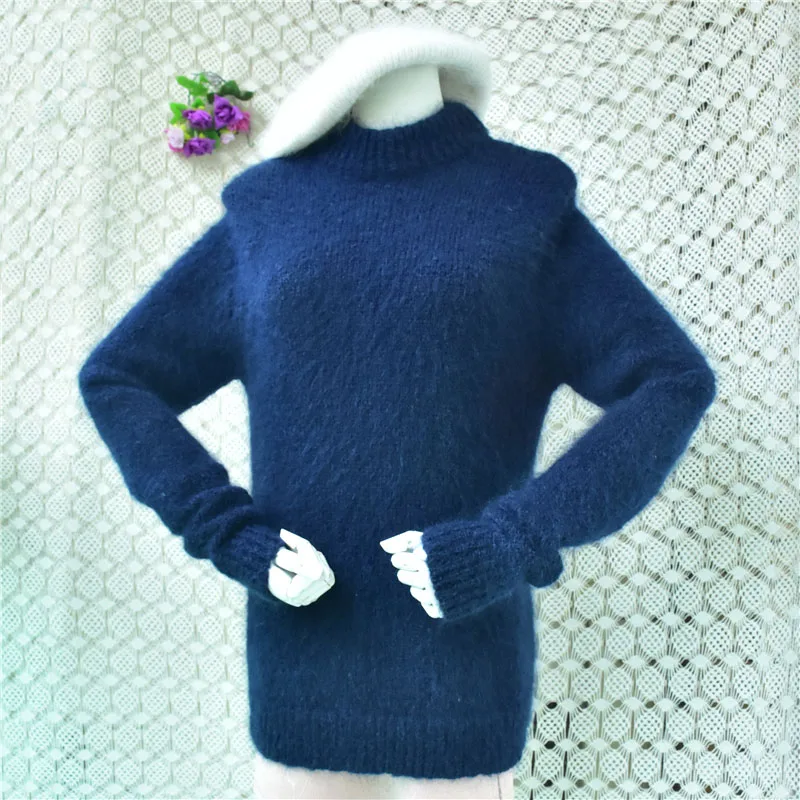 Ladies Women Autumn Winter Fashion Navy Blue Hairy Soft Fuzzy Mohair Wool Mock Neck Long Sleeves Slim Sweater Jumper Pull Tops
