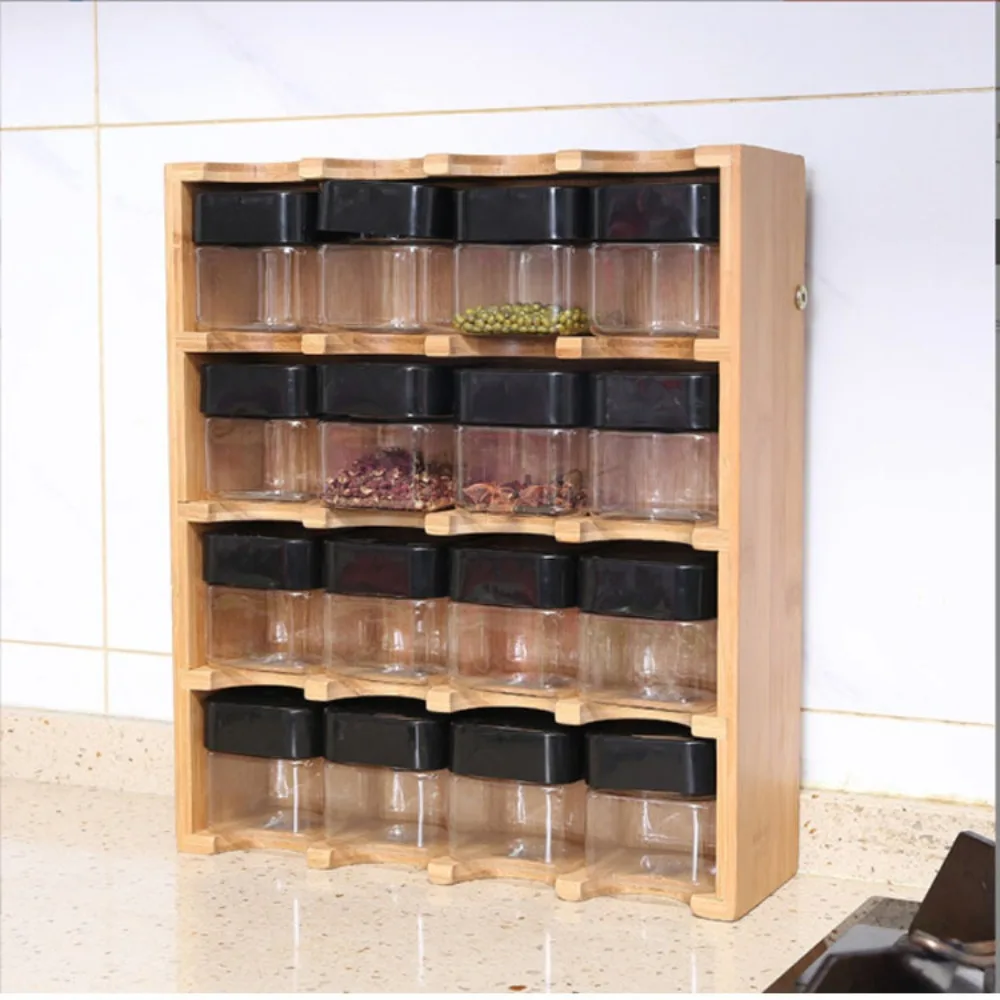 Factory direct supply hot kitchen shelf bamboo seasoning jar storage rack 16 cans kitchen storage artifact