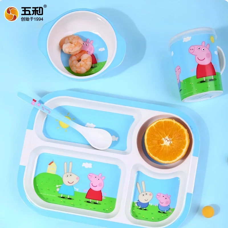 For Peppa Pig Tableware Cartoon Salad Bowl Anti-Fall Dining Plate Cup Spoon Baby Eating Double-ear Bowl Food-grade Divided Plate