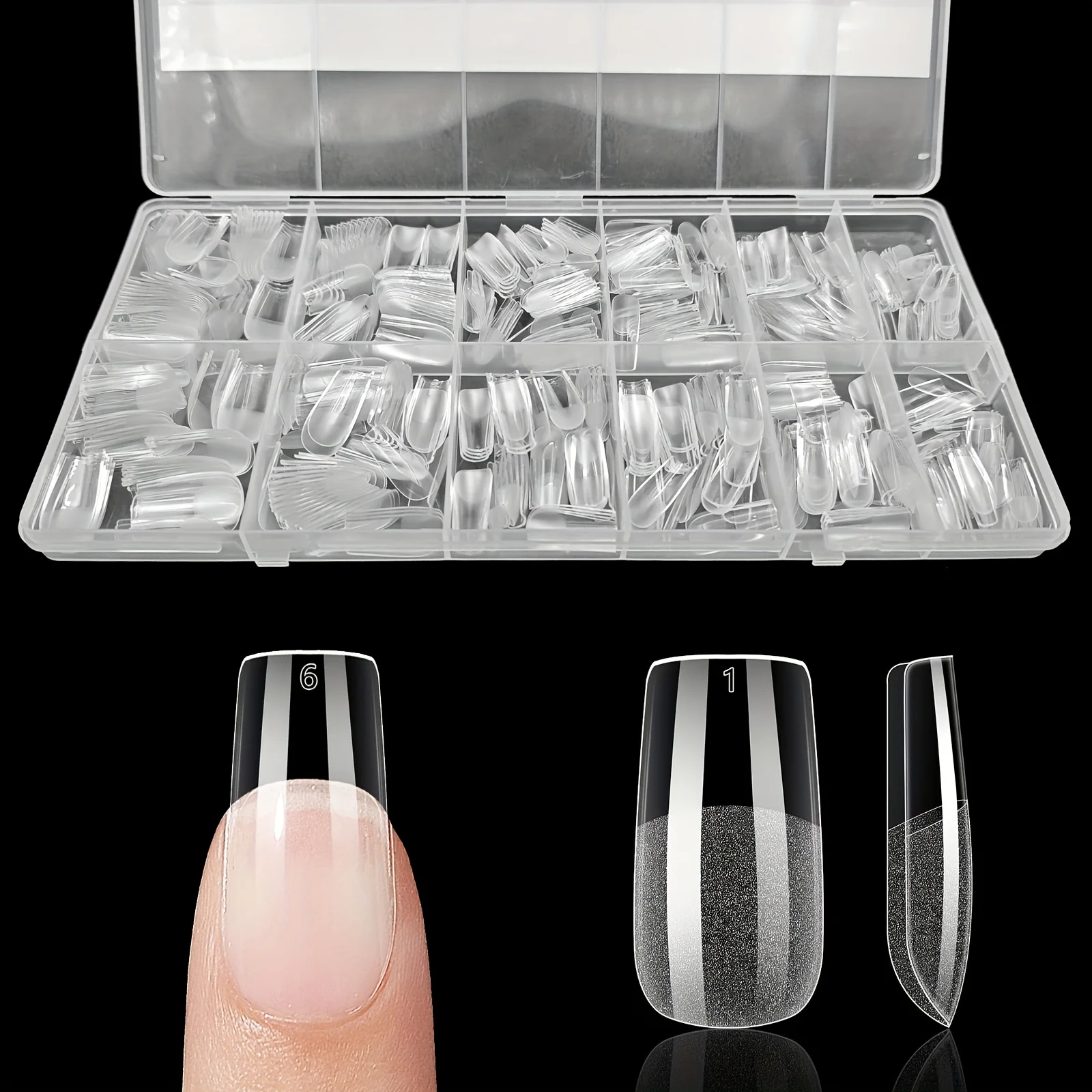 600 قطعة من أطراف الأظافر الصناعية شبه غير لامعة، نعش اللوز الفرنسي، شكل بيضاوي مربع مع حافة أمامية، أطراف أصابع سميكة