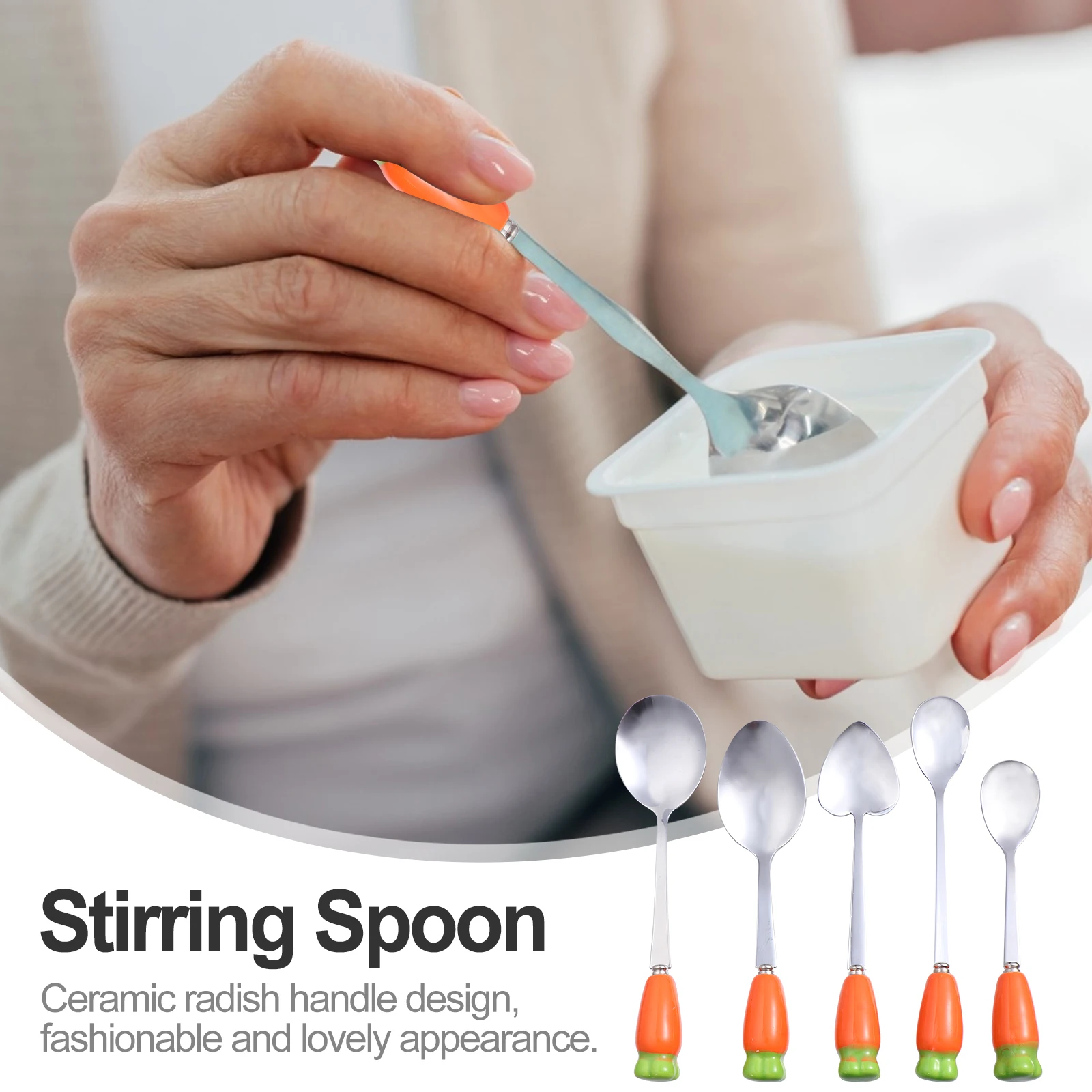 

5Pcs Stainless Steel Coffee Spoon Long Handle Ceramic Radish Stirring Spoon for Dessert Tea Milk Cream Mixing Kitchen Gadget