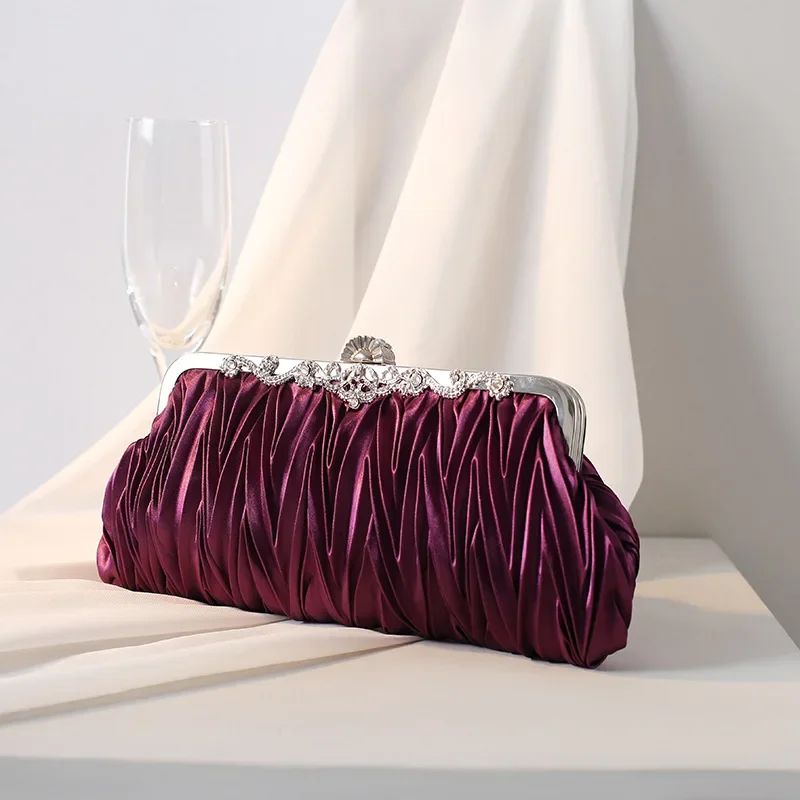 Ladies Silk Satin Pleated Clutch Purse Elegant Handheld Buckle Evening Bag Women's Ruched Fabric Vintage Bride Mother's Handbag