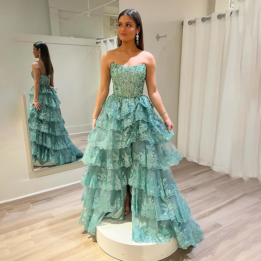 RFYR A Line Evening Dress Scoop Neck Prom Dress Lace Applique Vestidos De Noche Shiny Party Dress High Slit Gala Gown Customized