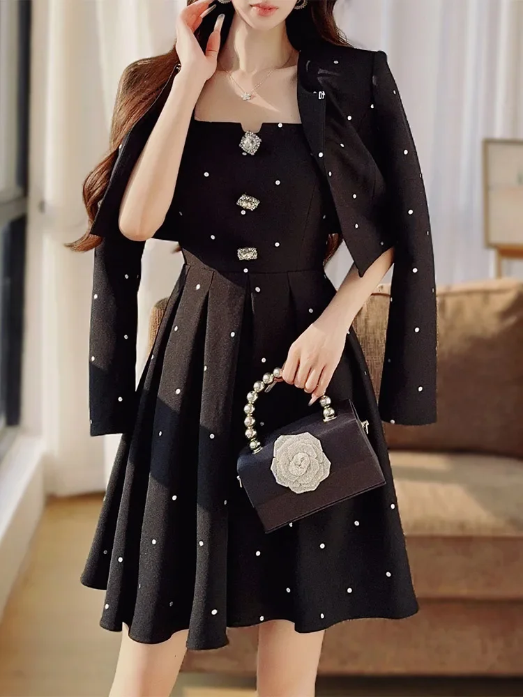 Black Polka Dot Dinner Event Dress Prom Formal Dress Women Elegant