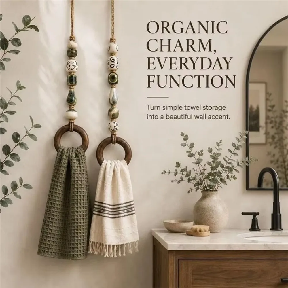 Wooden Ring Beaded Towel Hanger Loop Hanging Strap Colorful Beads Hanging Towel Strap Decorative Style Bathroom Accessories