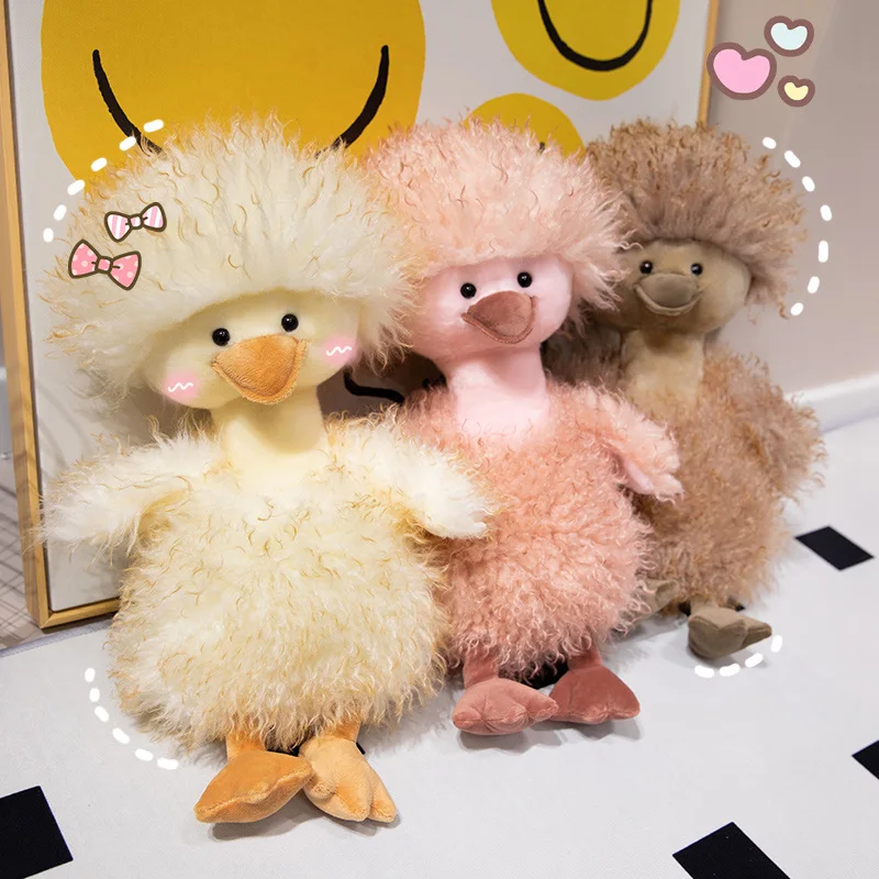 Soft Plush Duck Toy Cream Pink Brown Pastel Colors With Curly Fluffy Texture Stuffed Kawaii Duckling Creative Sweet