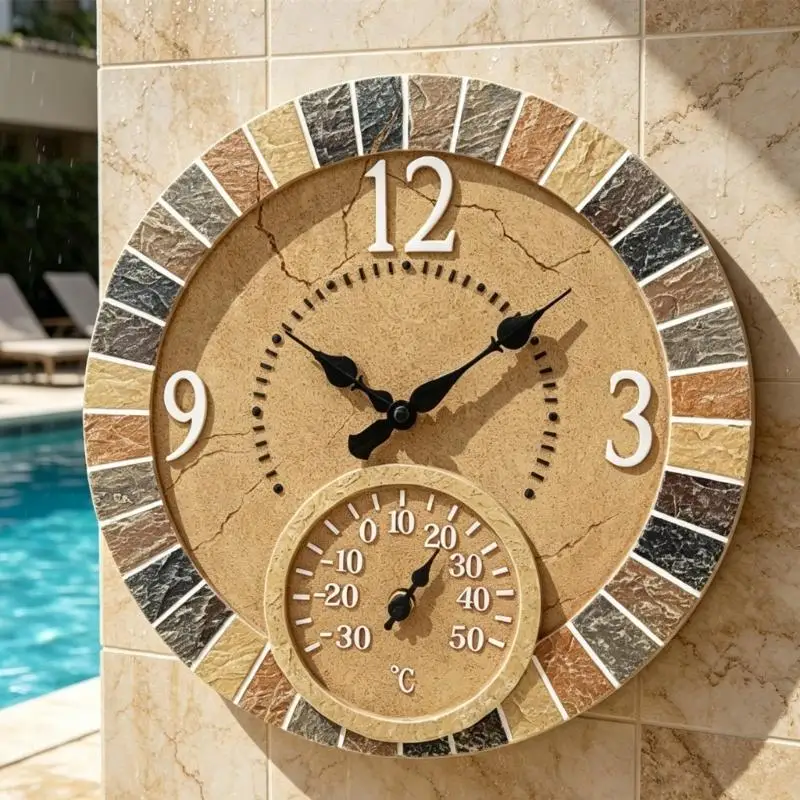 QX2E Yard Wall Clock with Lower Temperature Scale for Garden Use Area