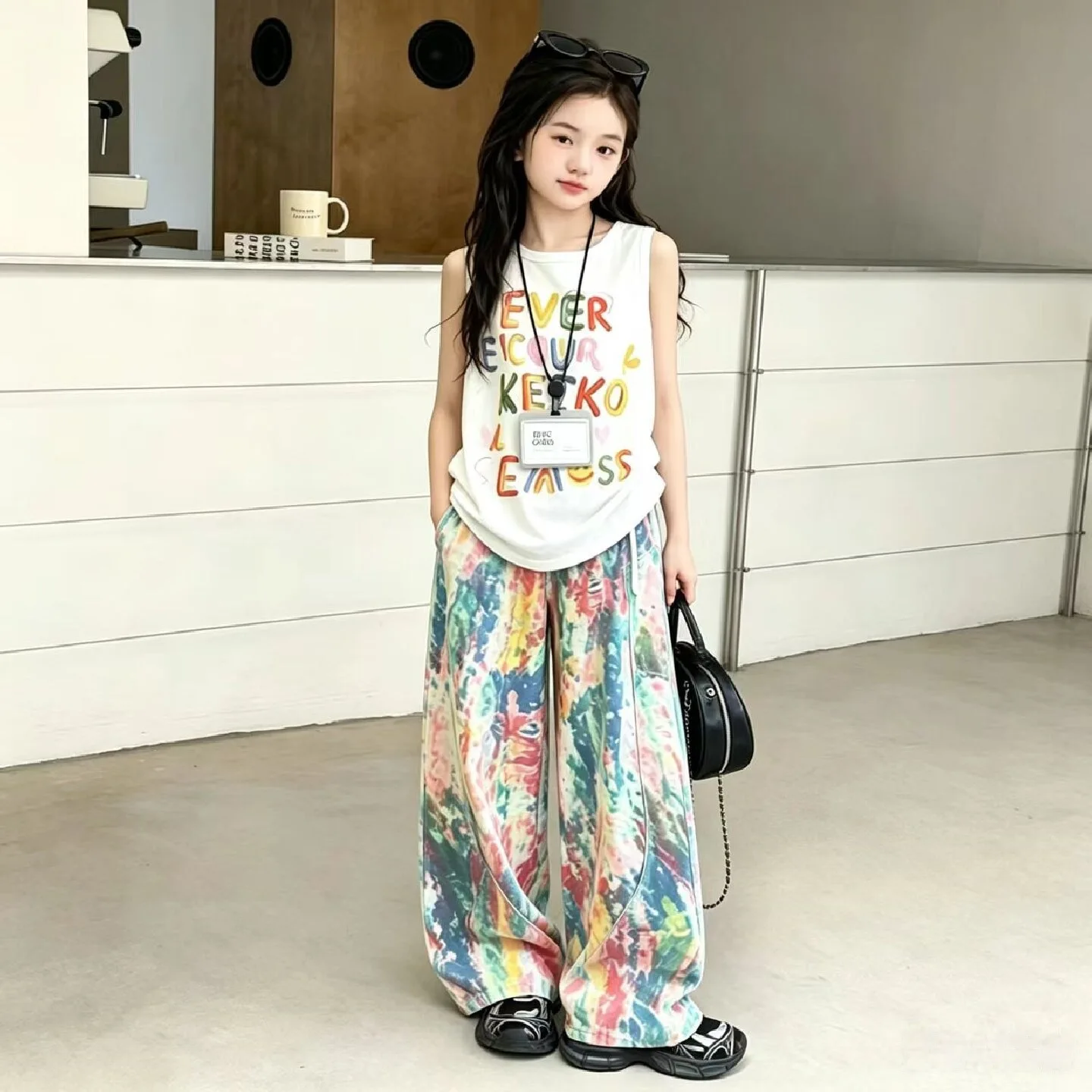 New Summer Cool Streetwear Girls Letter Printed Sleeveless Vest Tie Dye Curved Pants Personality 2Pcs Outfit For Teenagers Kids