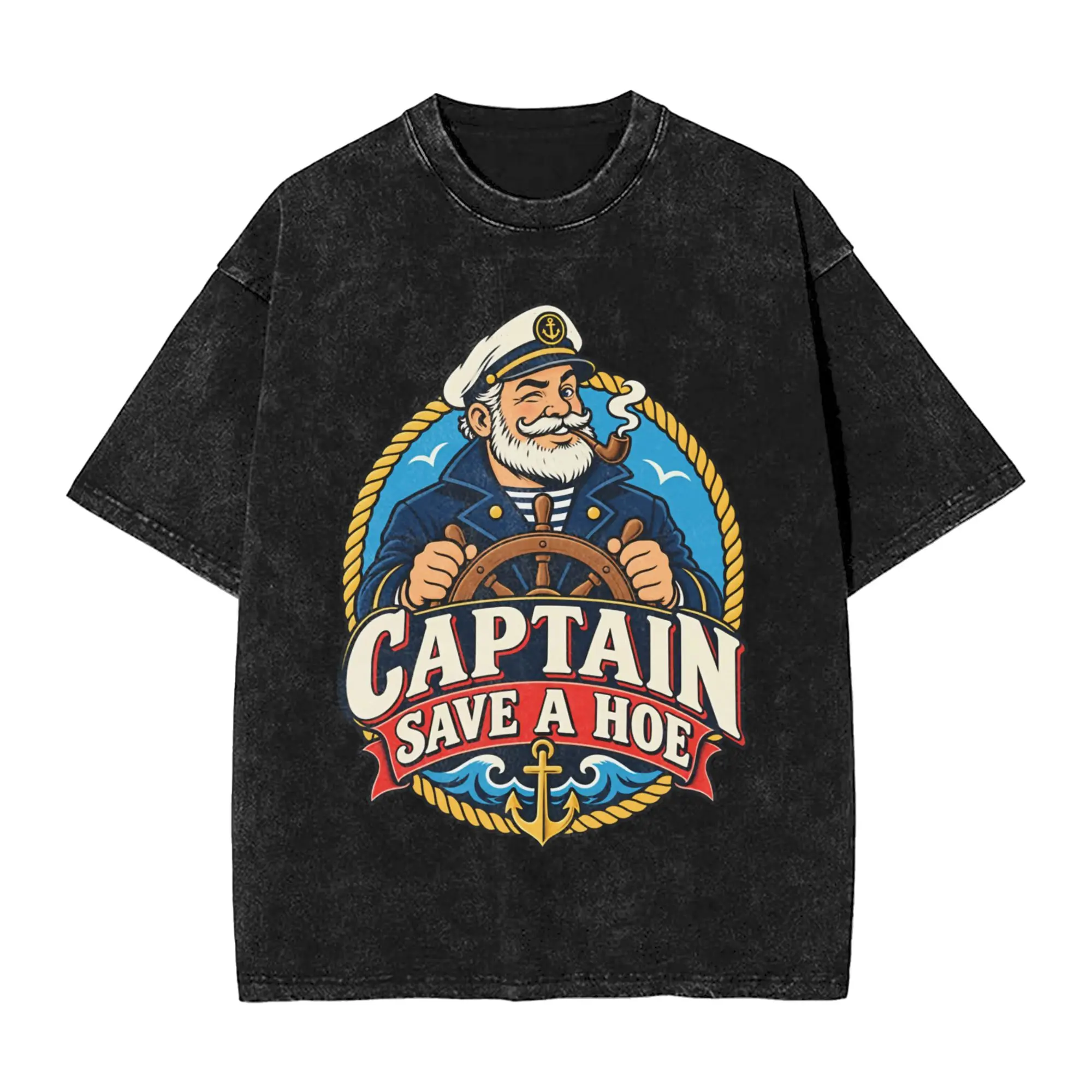 Captain Save a Hoe Vintage Sailor Meme  Washed T Shirt Streetwear Hip Hop Fashion T-Shirts  Tees Tops Men Women Short Sleeve
