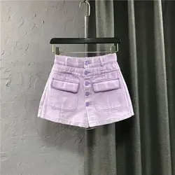 Women's 2024 Summer New Fashion High Waist Korean Spliced Pocket Solid Color Casual Wide Leg Trouser Skirts A-line Denim Shorts