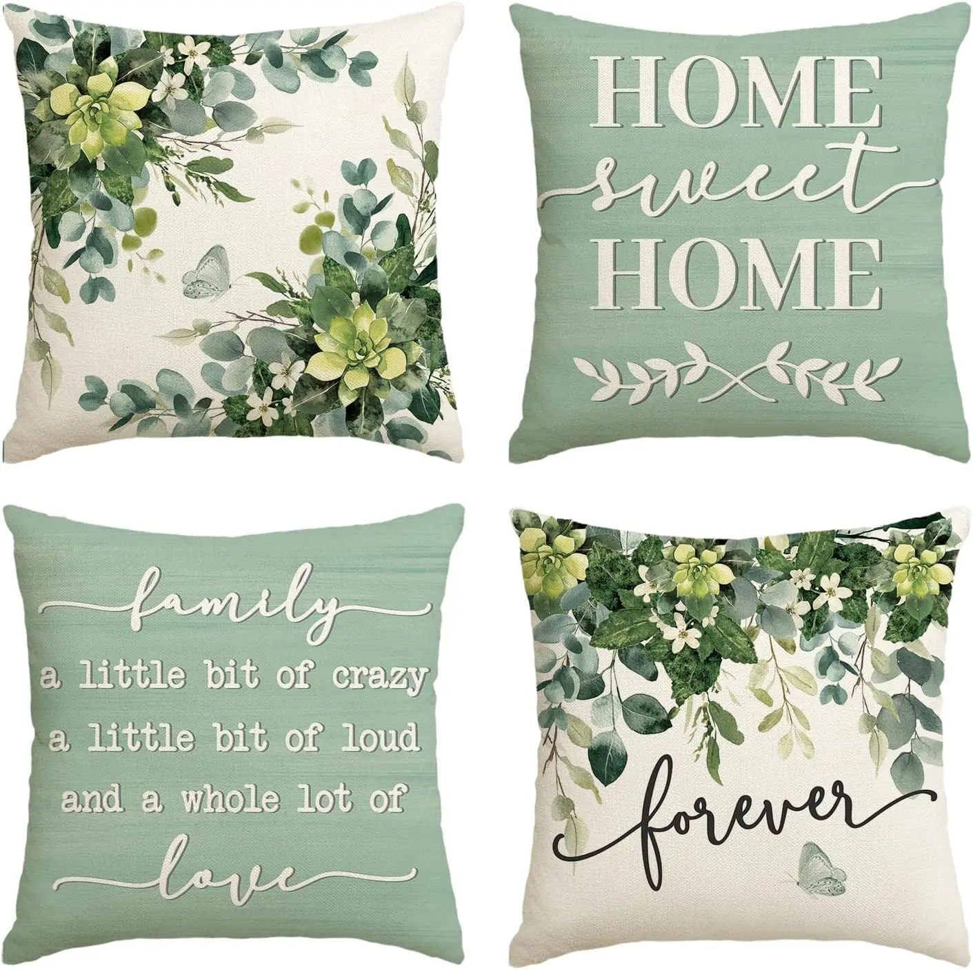 4Pcs Eucalyptus Throw Pillow Covers Succulent Home Quote Cushion Covers with Print for Living Room Bedroom Sofa Home