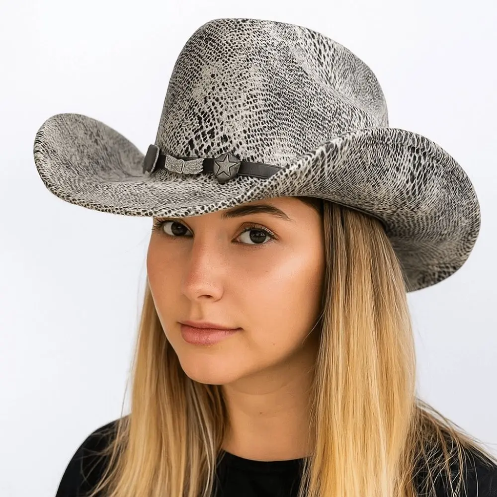 

Cool Ethnic Style Western Cowboy Hat Wide Brim Serpentine Cowgirl Jazz Hat Polyester Solid Color Visor Caps Cycling