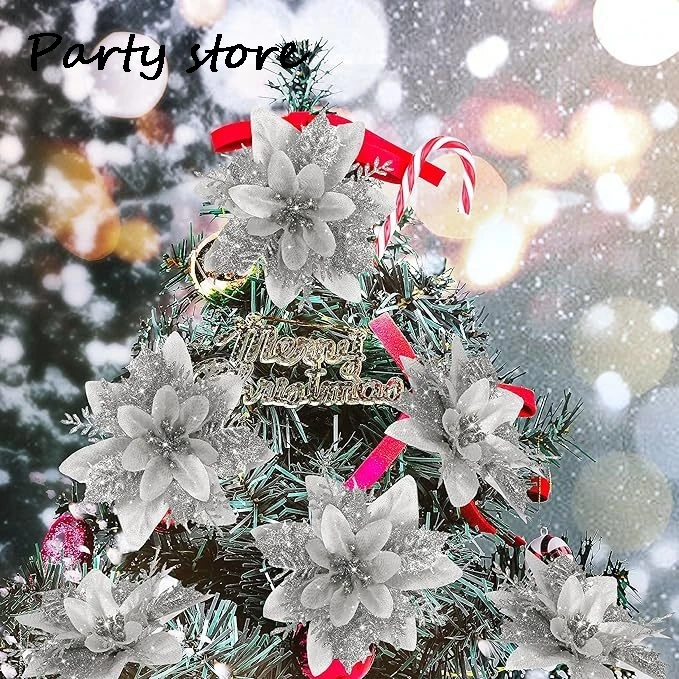 Blue Glitter Christmas Flower 2024 Xmas Tree Artifical Flower Ornaments Merry Christmas DIY Decoration Home Happy New Year Party