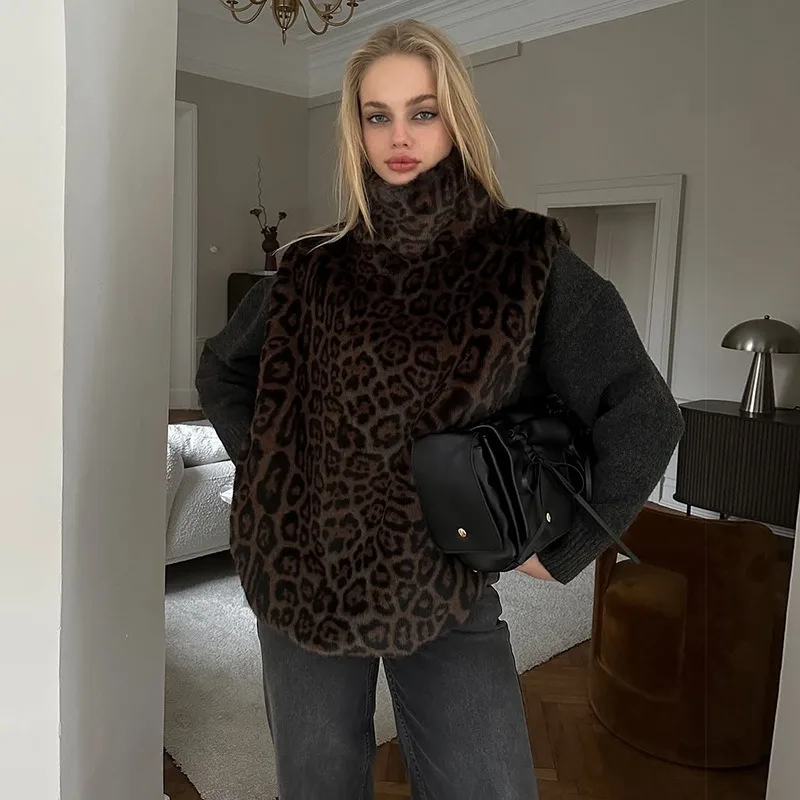 

Talenza Women Faux Fur Vest Autumn Fashion Leopard Print Sleeveless Faux Fur Patchwork Sweater Vest Vintage Chic Female Sweaters