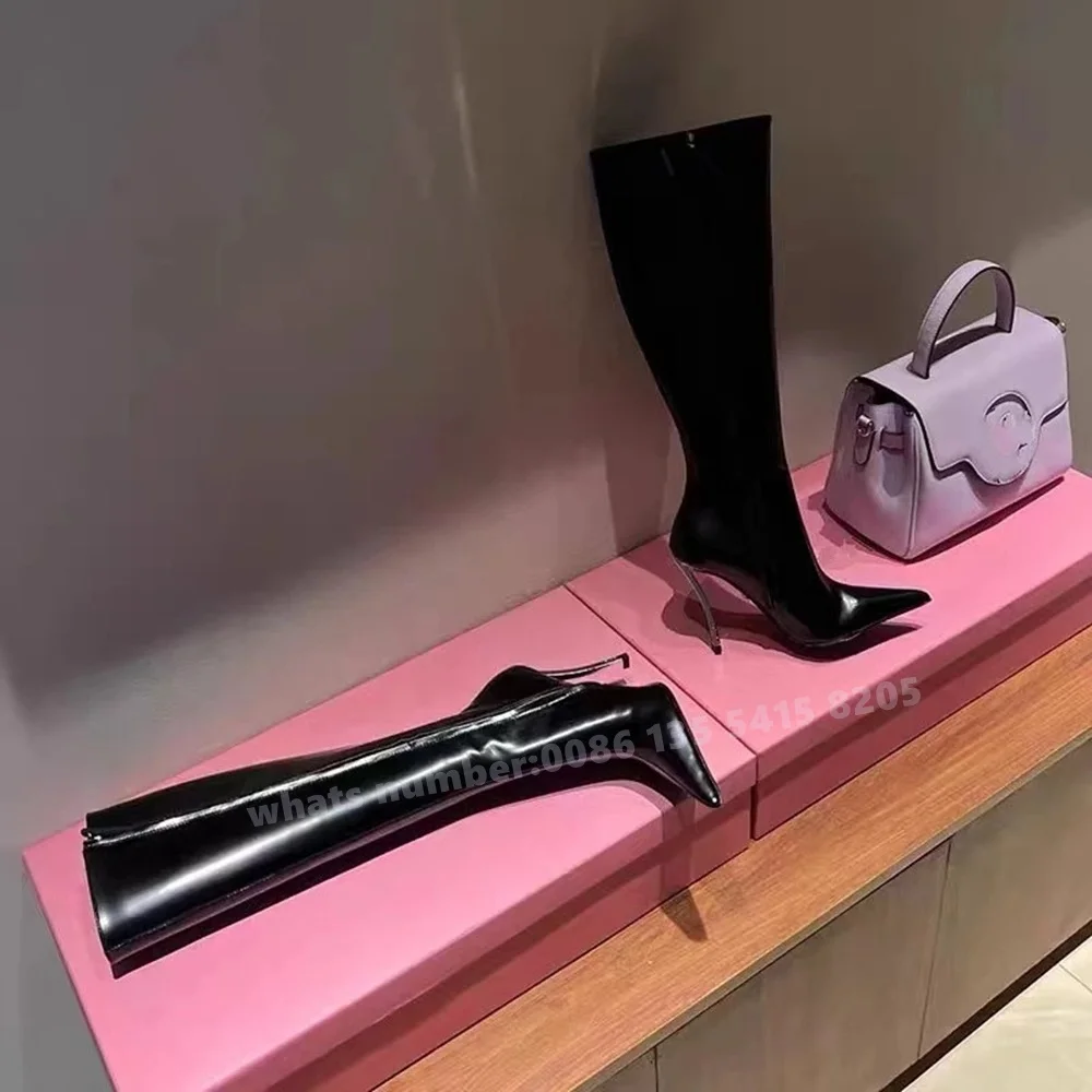 Strange Style Black Glossy Boots Pointy Toe Metal Heels Side Zipper Knee High Boots Black Winter 2025 Luxury Shoes Elegant Sexy