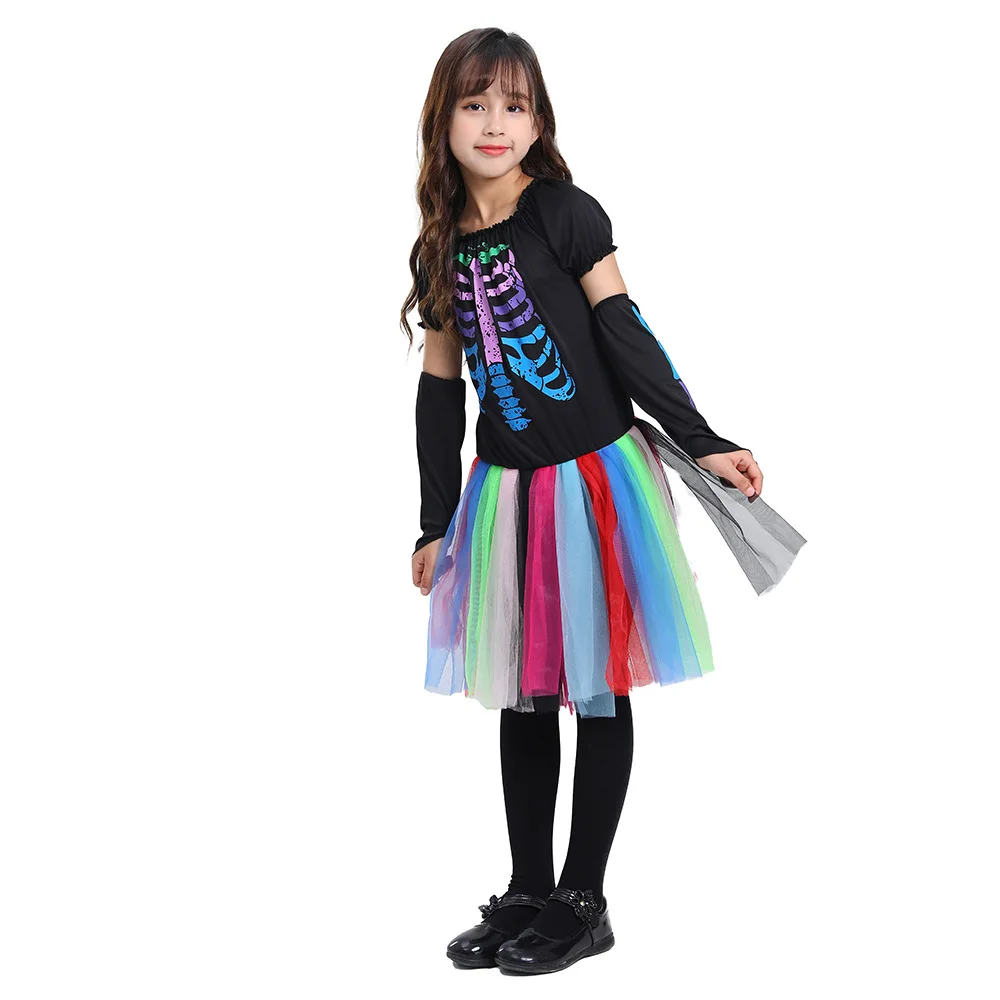 

Children Cosplay Halloween Clothing Girl Dress Color Neon Skeleton Punk Dress Children Holiday Party Streetwear Stage Costume