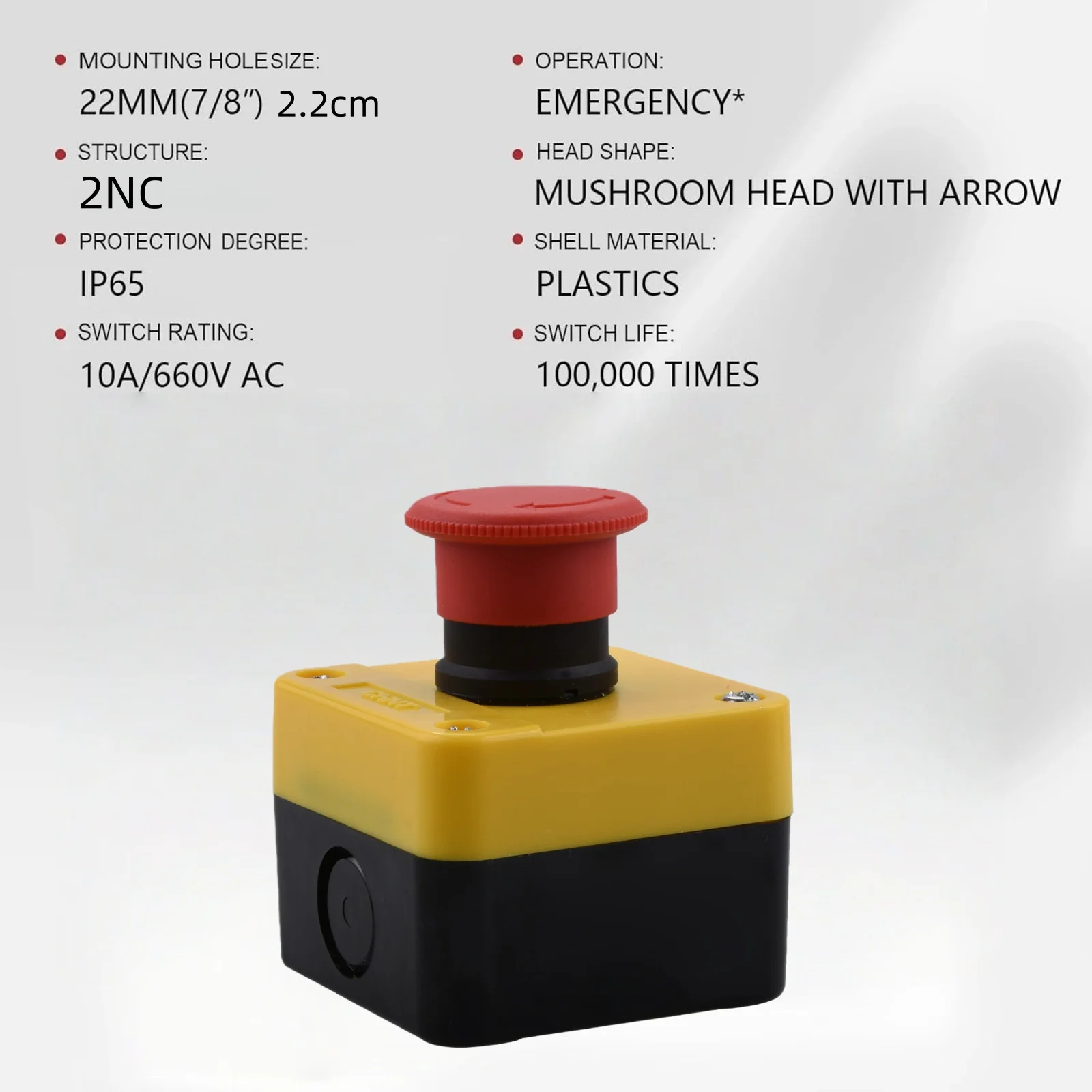 22mm Emergency Stop Push Button Switch 2NC, IP65 Waterproof Red Mushroom Head 10A 660V for Industrial Machinery
