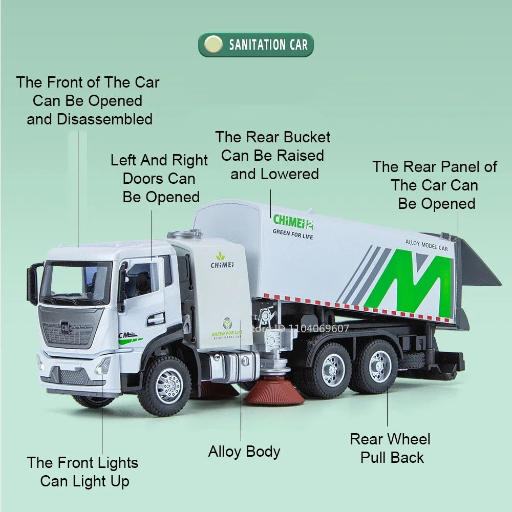 รถของเล่นจำลองรุ่น 1:24 รถทำความสะอาดเมือง ผลิตจากโลหะหล่อขึ้นรูป พร้อมเสียงและไฟ ประตูเปิดได้ แบบดึงหลัง รถวิศวกรรม