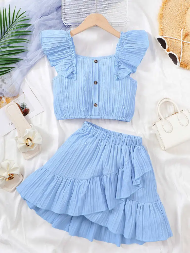

8-12 Years Kid Girl Summer Princess Clothes Set Flutter Sleeve Solid Tops+Short Skirts Fashion Style Party Costume For Children