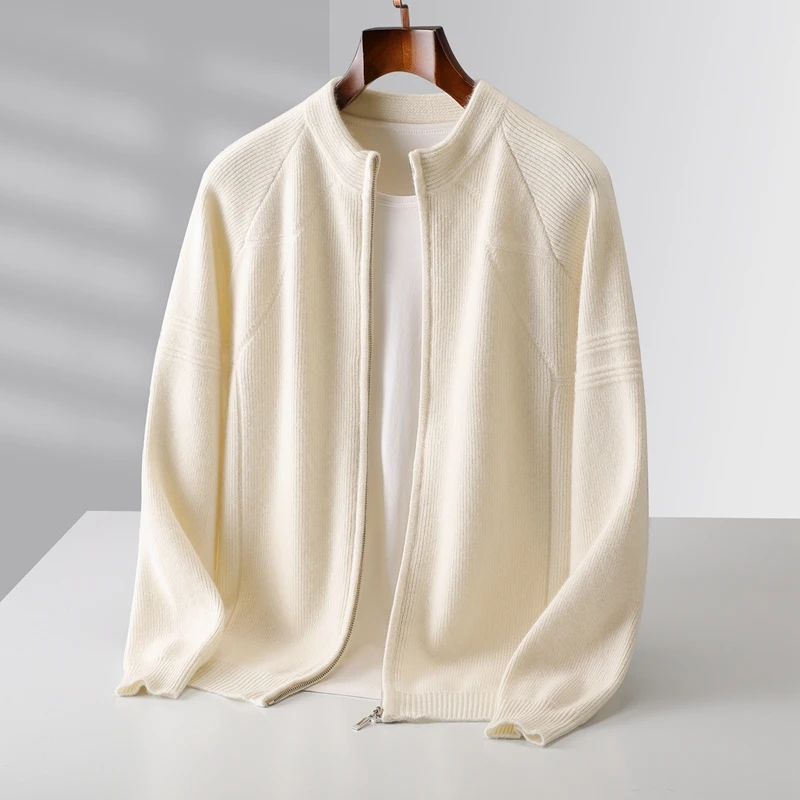 Winter 100% Wool Men's Half-High-Necked Shoulder Cardigan Coat Padded Cashmere Knit Coat