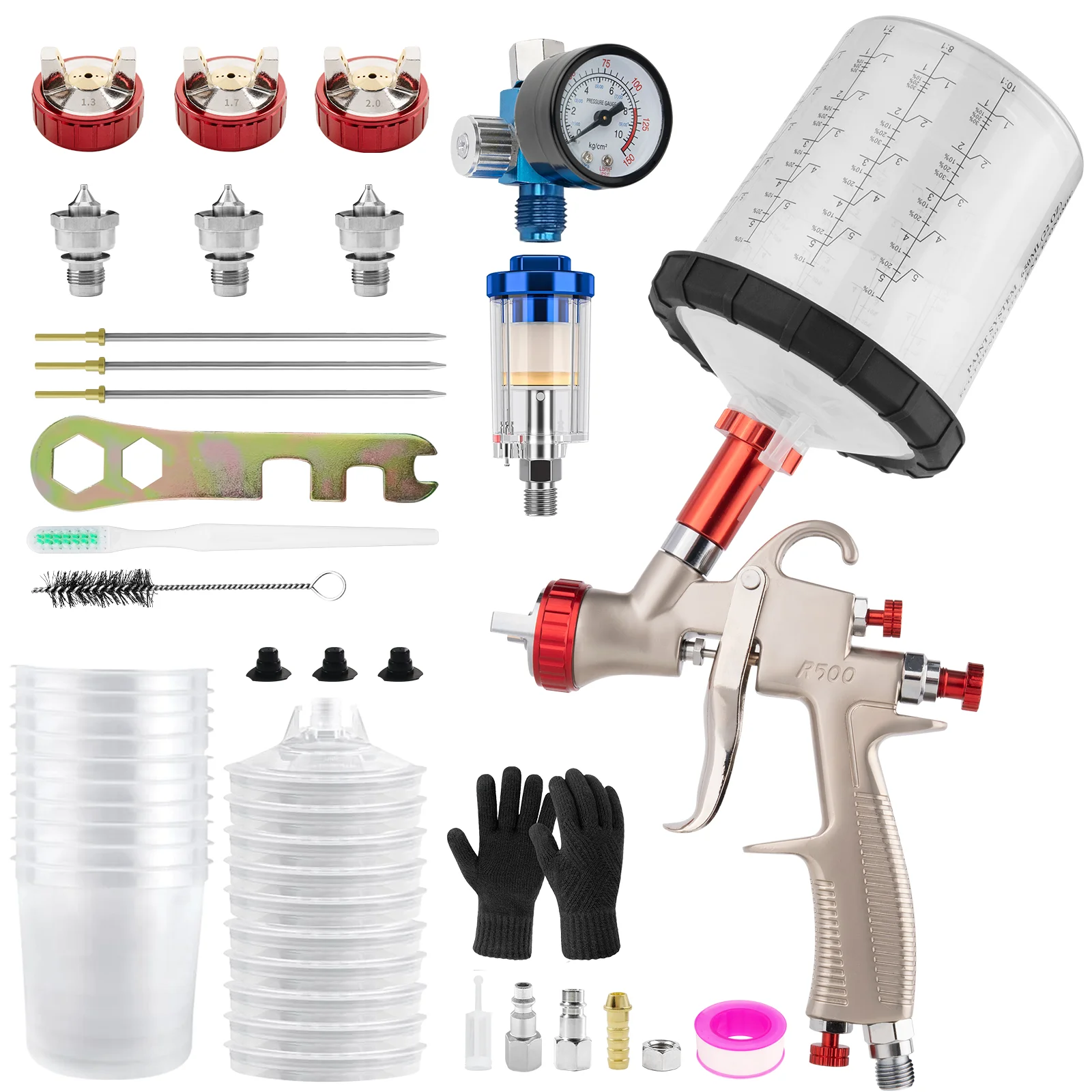 R500 LVLP Air Spray Gun 1.3mm 1.7mm 2.0mm Nozzle Gravity Feed Paint Spray Gun Car Painting Gun R500 Spray Gun Kit Airbrush