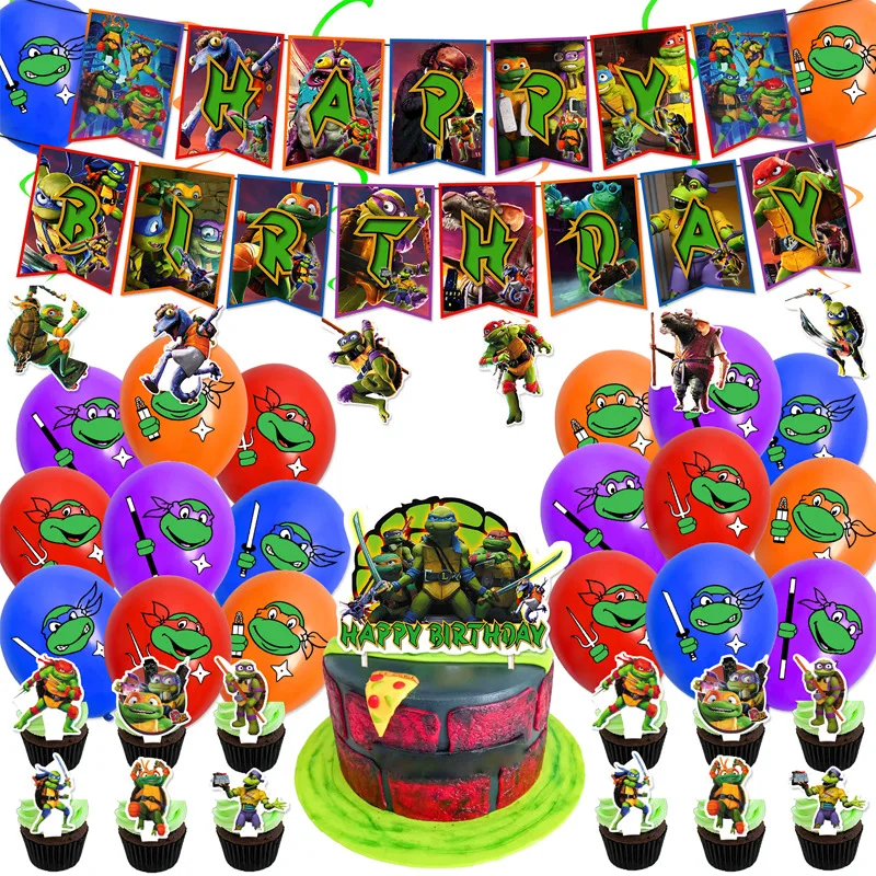 Cartoon Ninja Turtle Family Birthday Party Supply Jednorazowy baner Cake Topper Wisząca flaga Zestaw balonów Dekoracje urodzinowe