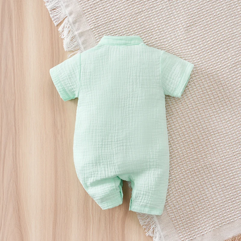 Newborn Baby Cotton Romper Solid Green Short Sleeve Button Down Jumpsuit Breathable Soft Casual Summer Outfit for Boys Girls