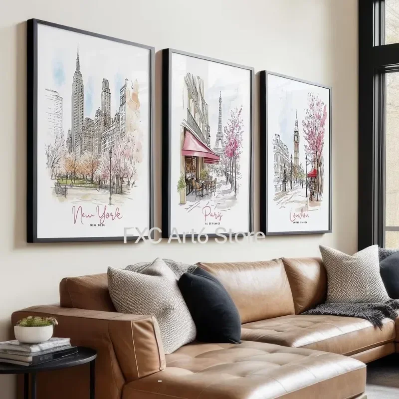 Juego de 3 impresiones sin marco de Nueva York, Londres, París, carteles de paisajes urbanos, tríptico, arte de pared, decoración del hogar, arte en lienzo, decoración de pared P