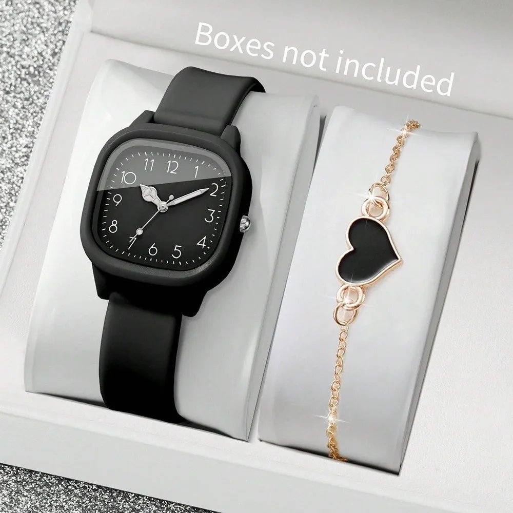 2PCS/Set Square Dial Women Quartz Watch Silicone Strap Quartz Movement Arabic Dial Watch Heart Bracelet Women Watch Women Girl