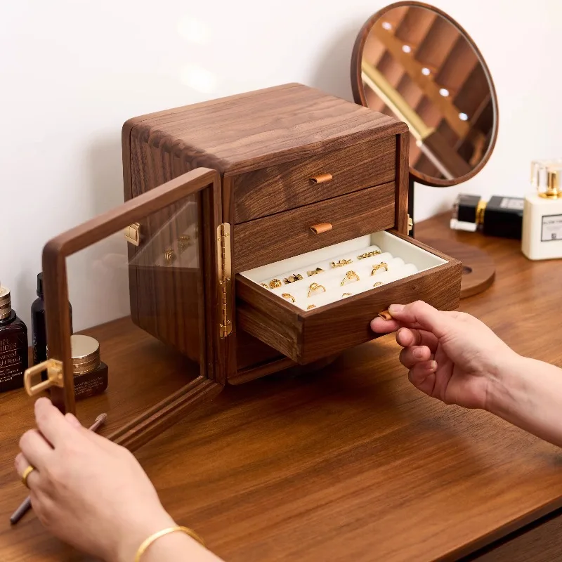 Rotating Jewelry Box Solid Wood Creative Exquisite Necklace Ring Jewelry Storage Cabinet Luxury Portable Jewellery Display Case