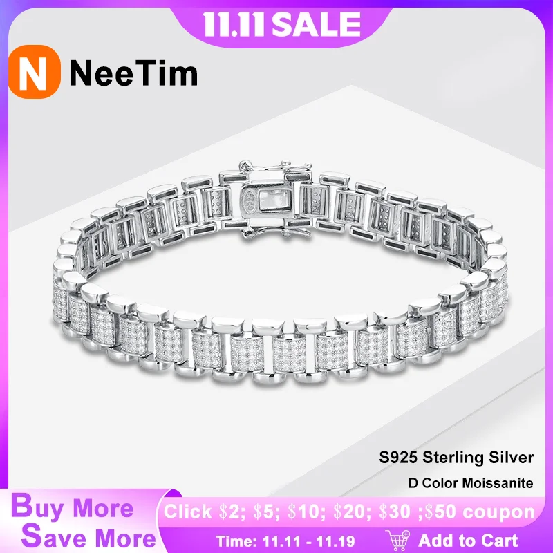 

NeeTim Moissanite Cuban Watch Bracelet Lab Diamond 925 Silver with White Gold Plated Tennis Bracelets for Women Man Wholesale