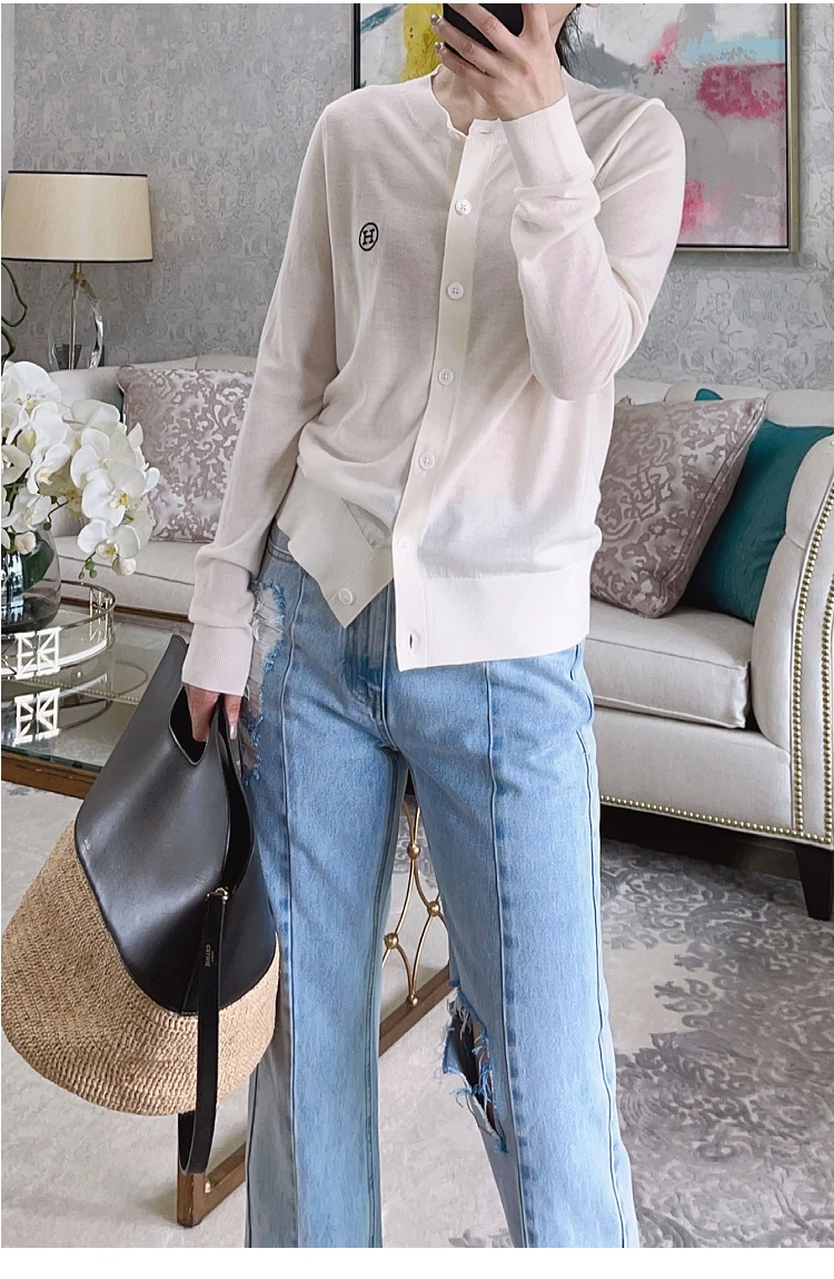 Women\'s long sleeved round neck cardigan thin sweater women\'s knitted new cashmere sweater jacket top