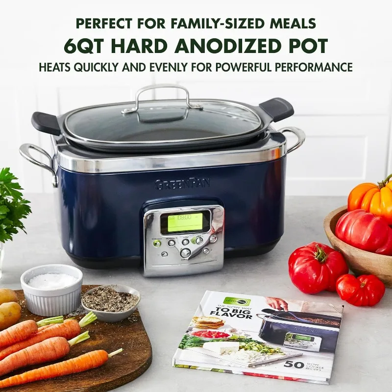 Elite 8-in-1 Programmable 6 Quart Electric Slow Cooker, GlassLid & Removable Crock, PFAS-Free Healthy