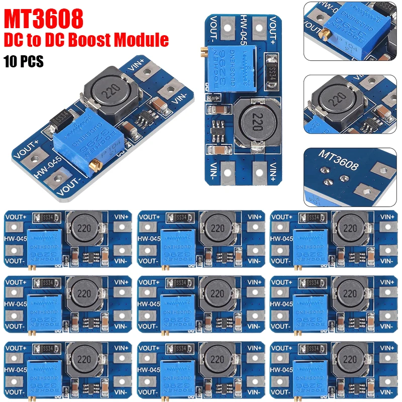 10 шт. MT3608 DC-DC повышающий преобразователь 2A регулируемый повышающий модуль плата регулятора напряжения 2 В-24 В до 5/9/12/28 В для Arduino